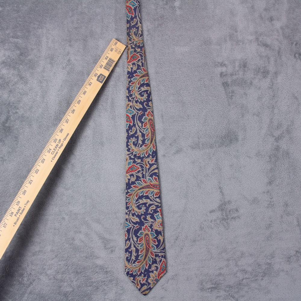 VTG Burberry London Mens Silk Paisley Tie Blue Red Gold Hand Sewn - Picture 8 of 11